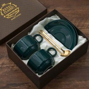 Set 2 Cốc Sứ Kèm Đĩa Và Thìa Hộp Quà In Logo Doanh Nghiệp