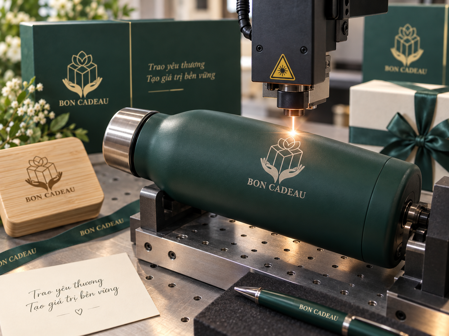 Khắc laser trên bình giữ nhiệt Bon Cadeau