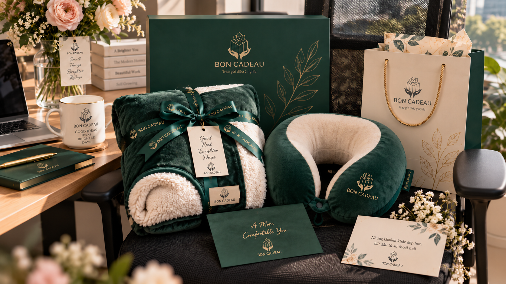 Bộ chăn gối văn phòng và gối cổ quà tặng Bon Cadeau