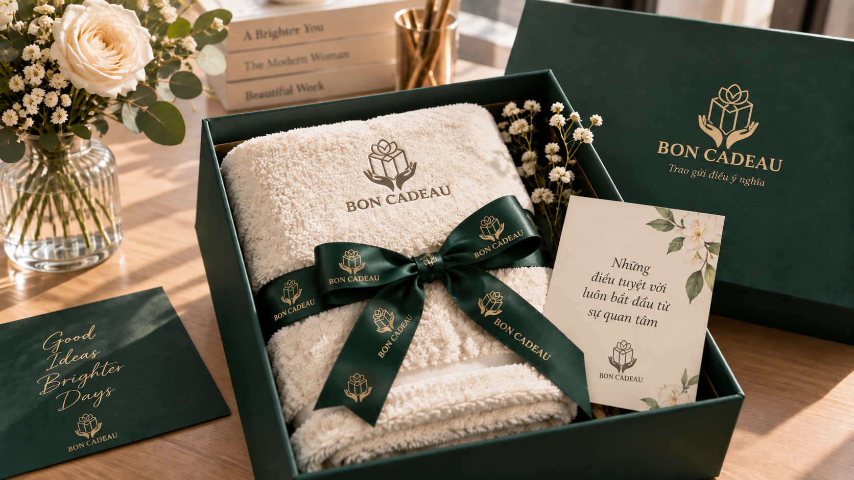 Khăn thêu logo quà tặng Bon Cadeau